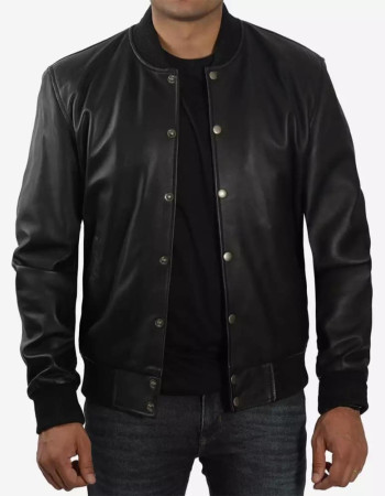 Men's Letterman Black Leather Bomber Jacket