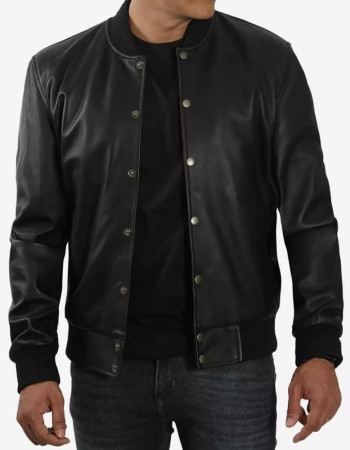 Men's Letterman Black Leather Bomber Jacket