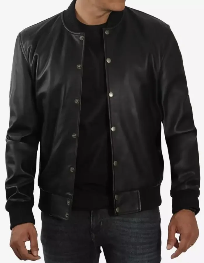 Men's Letterman Black Leather Bomber Jacket