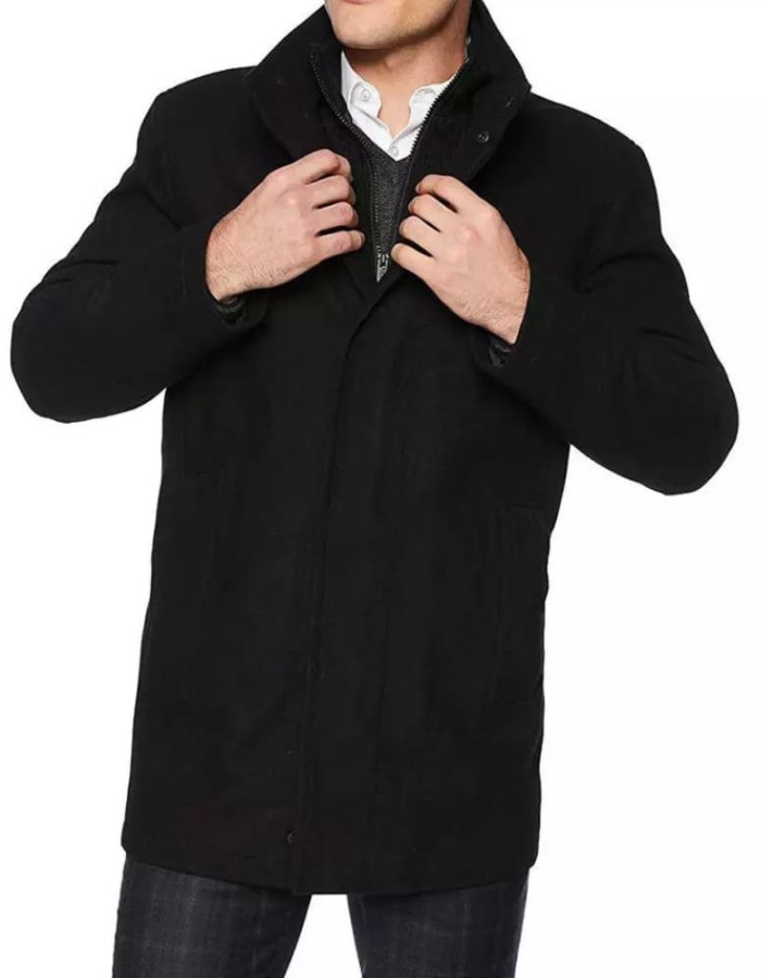 Men's Black Modern Fit Wool Car Coat