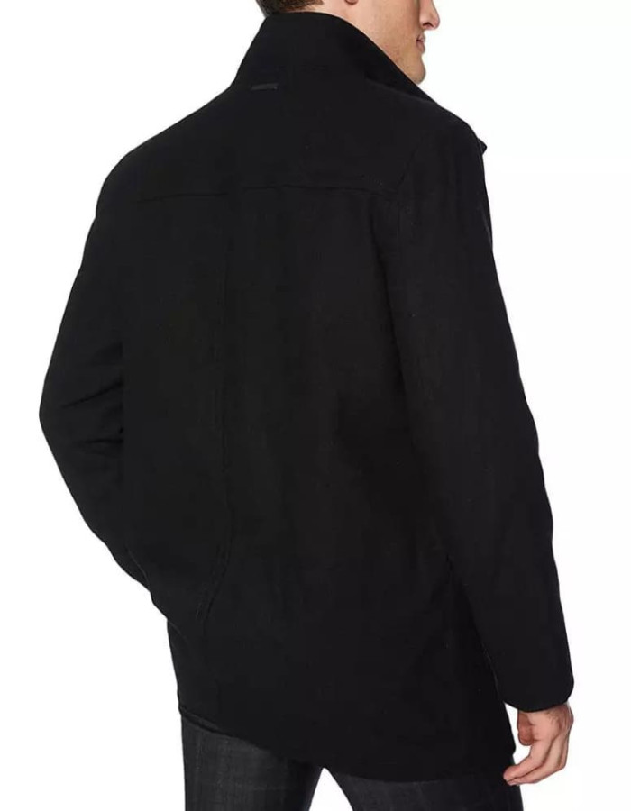 Men's Black Modern Fit Wool Car Coat