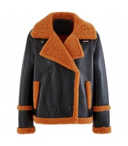 Mens Orange Fur Black Leather Shearling Jacket