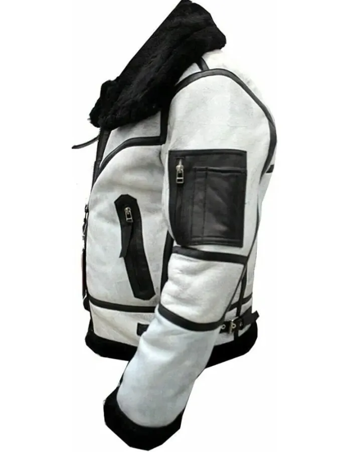 Mens RAF B3 Aviator Shearling Distressed White Leather Jacket
