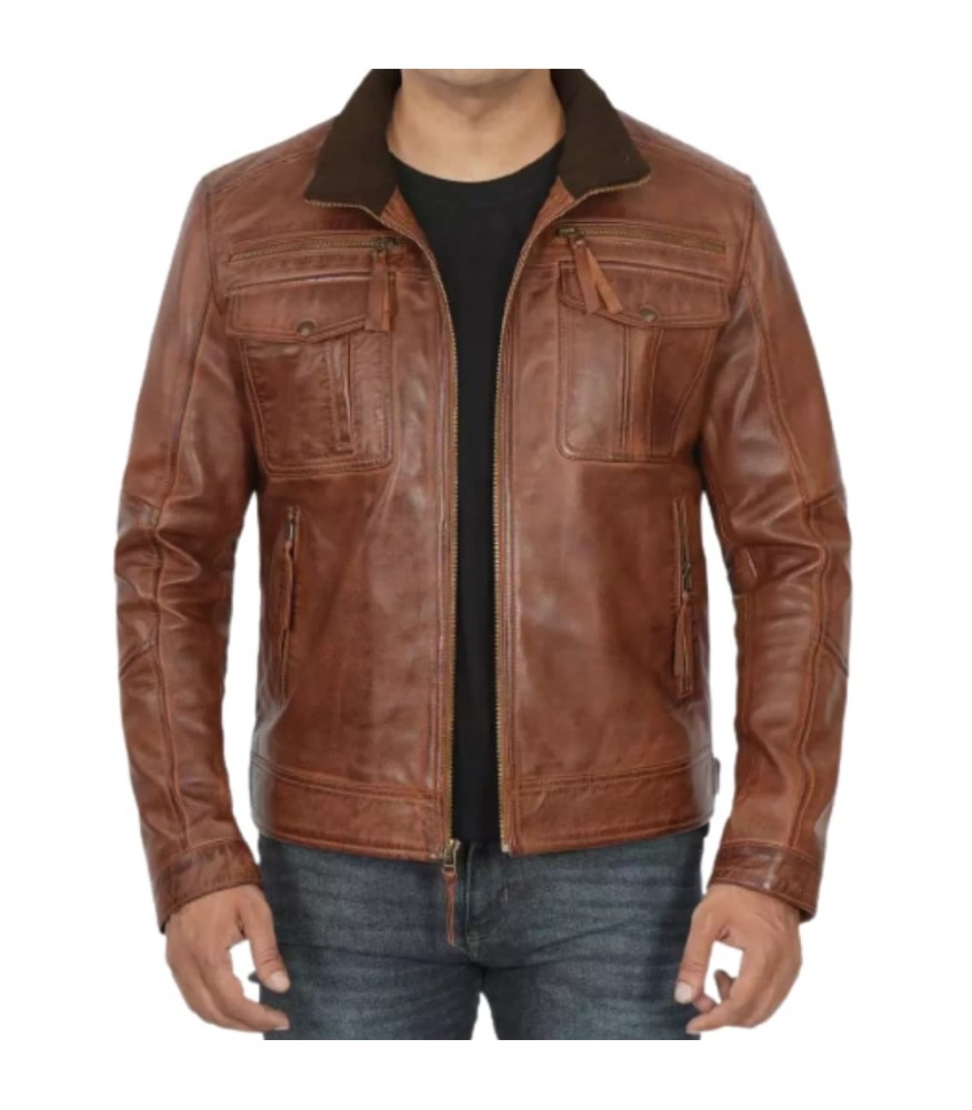 Mens Six Pockets Tan Leather Jacket | Men Tan Brown 6 Pockets Jacket