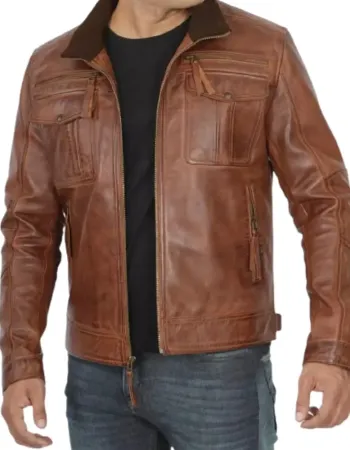 Mens Six Pocket Tan Leather Jacket