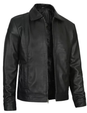 Mens Tall Vintage Shirt Collar Black Leather Jacket