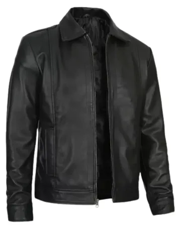 Mens Tall Vintage Shirt Collar Black Leather Jacket