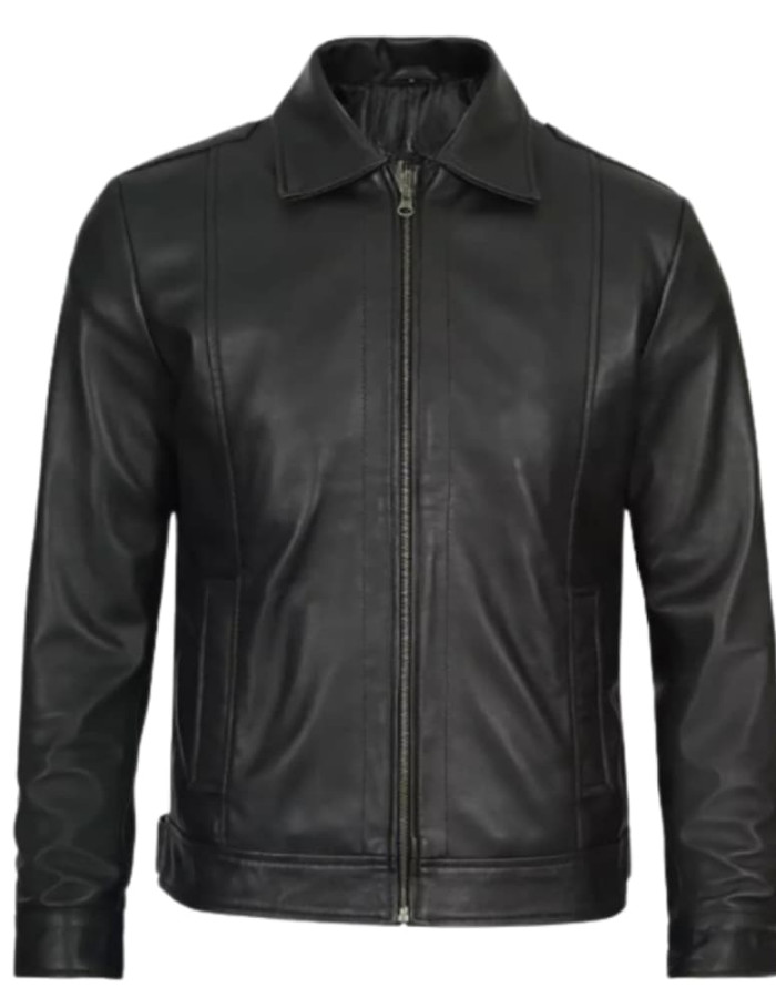 Mens Tall Vintage Shirt Collar Black Leather Jacket