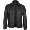 Mens Tall Vintage Shirt Collar Black Leather Jacket