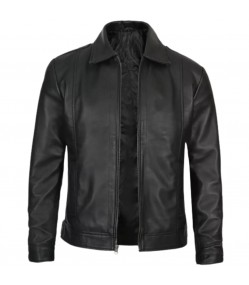 Mens Tall Vintage Shirt Collar Black Leather Jacket