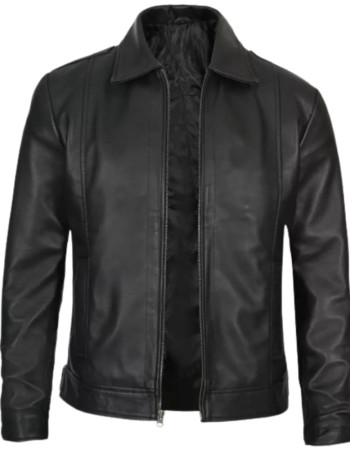 Mens Tall Vintage Shirt Collar Black Leather Jacket