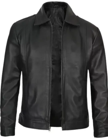 Mens Tall Vintage Shirt Collar Black Leather Jacket
