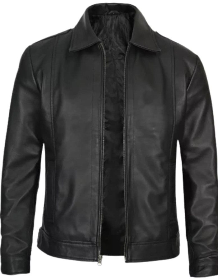 Mens Tall Vintage Shirt Collar Black Leather Jacket