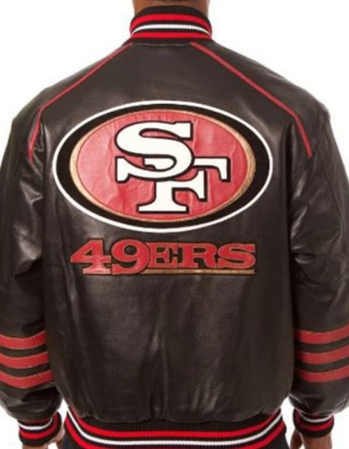 San Francisco 49ers Black Leather Varsity Bomber Jacket San Francisco 49ers Black Leather Varsity Bomber Jacket