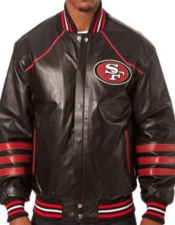 San Francisco 49ers Black Leather Varsity Bomber Jacket