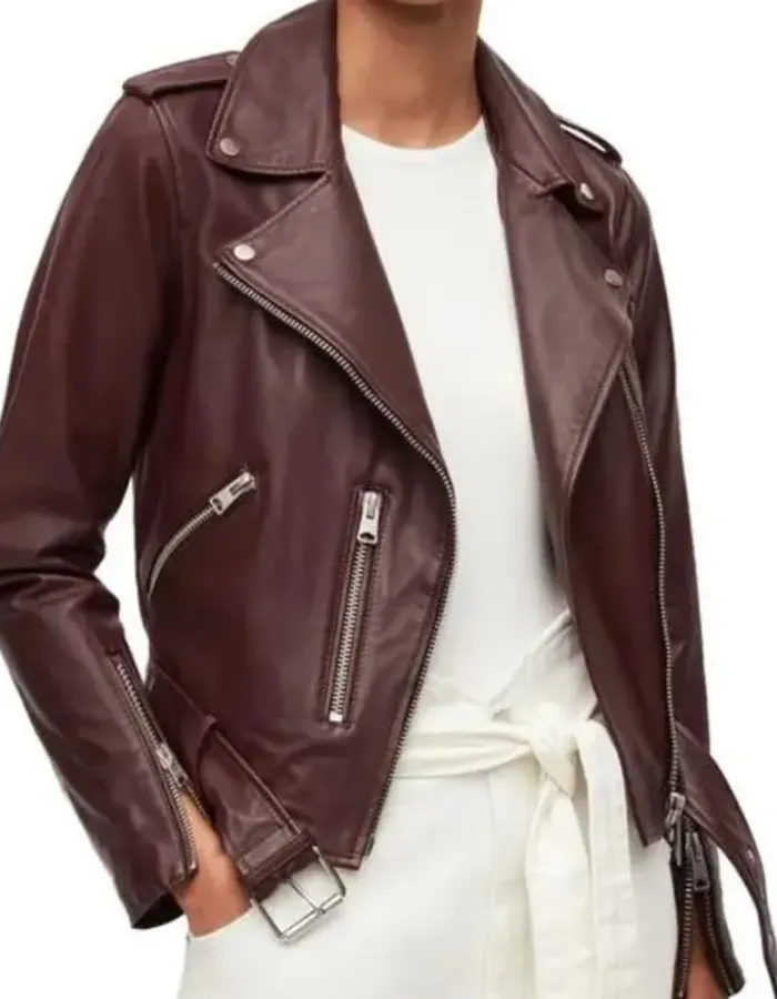 Virgin River Brie Sheridan Maroon Biker Leather Jacket Virgin River Brie Sheridan Maroon Biker Leather Jacket