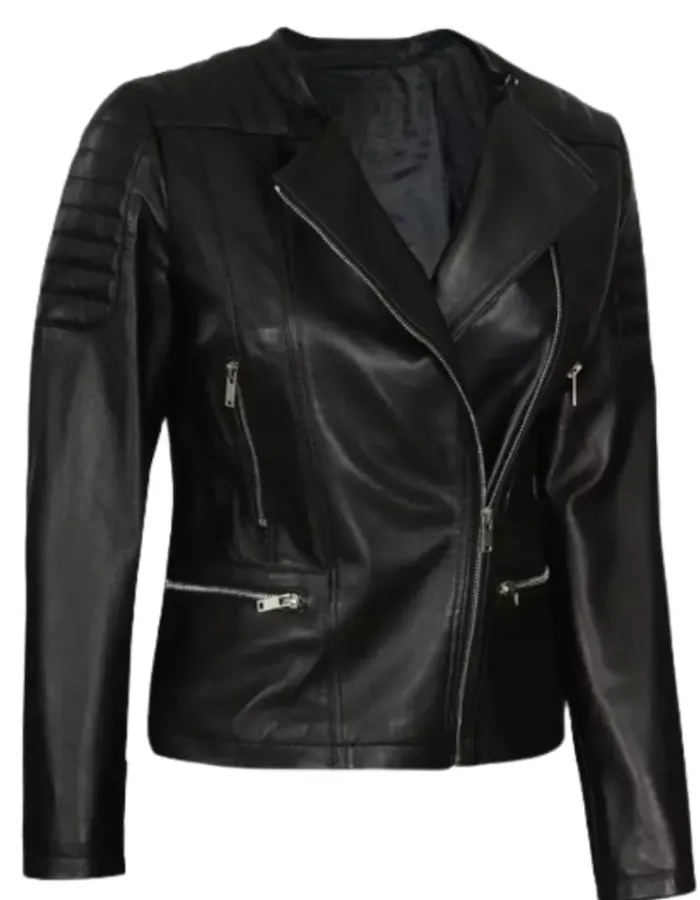 Womens Asymmetrical Collarless Black Padded Moto Leather Jacket Womens Asymmetrical Collarless Black Padded Moto Leather Jacket