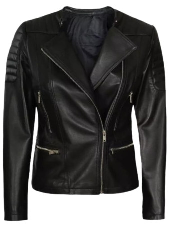 Womens Asymmetrical Collarless Black Padded Moto Leather Jacket