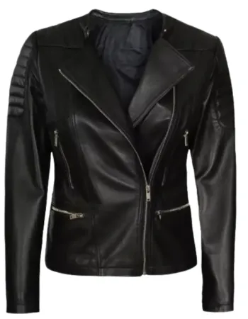 Womens Asymmetrical Collarless Black Padded Moto Leather Jacket