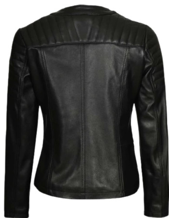 Womens Asymmetrical Collarless Black Padded Moto Leather Jacket