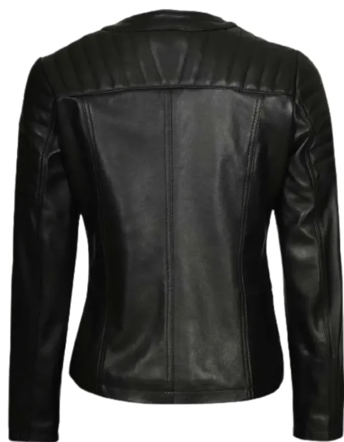 Womens Asymmetrical Collarless Black Padded Moto Leather Jacket Womens Asymmetrical Collarless Black Padded Moto Leather Jacket