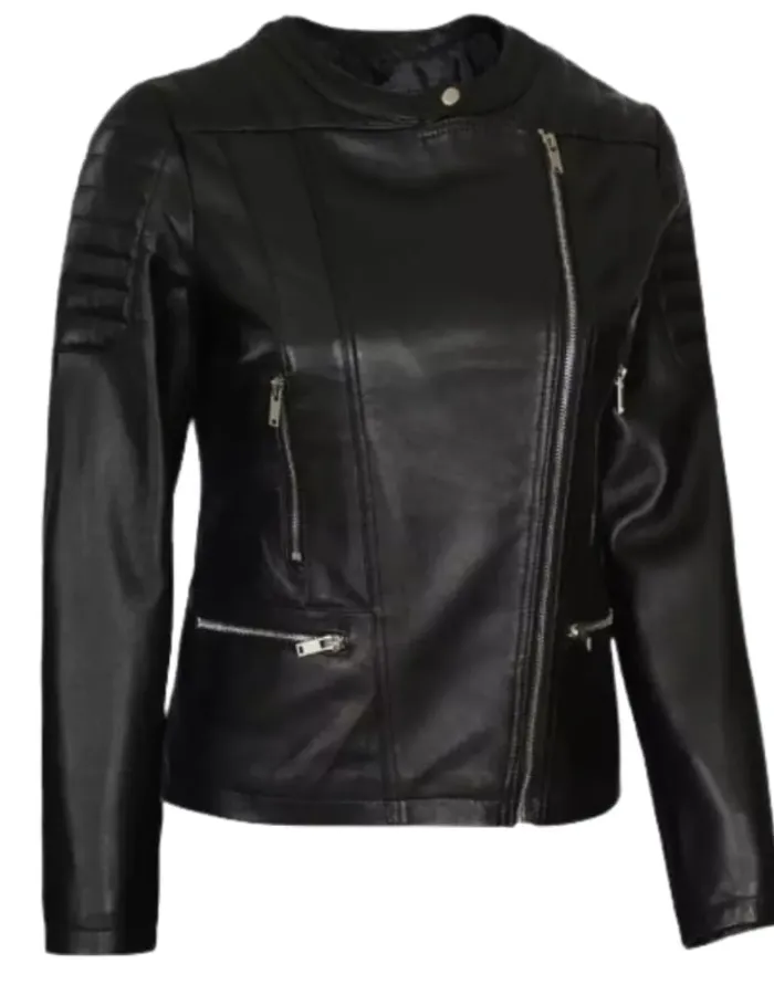 Womens Asymmetrical Collarless Black Padded Moto Leather Jacket Womens Asymmetrical Collarless Black Padded Moto Leather Jacket