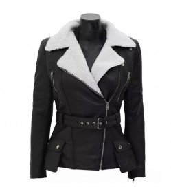 Women's Asymmetrical Fur Sherpa Black Leather Moto Jacket