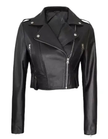 Womens Black Asymmetrical Cropped Leather Jacket