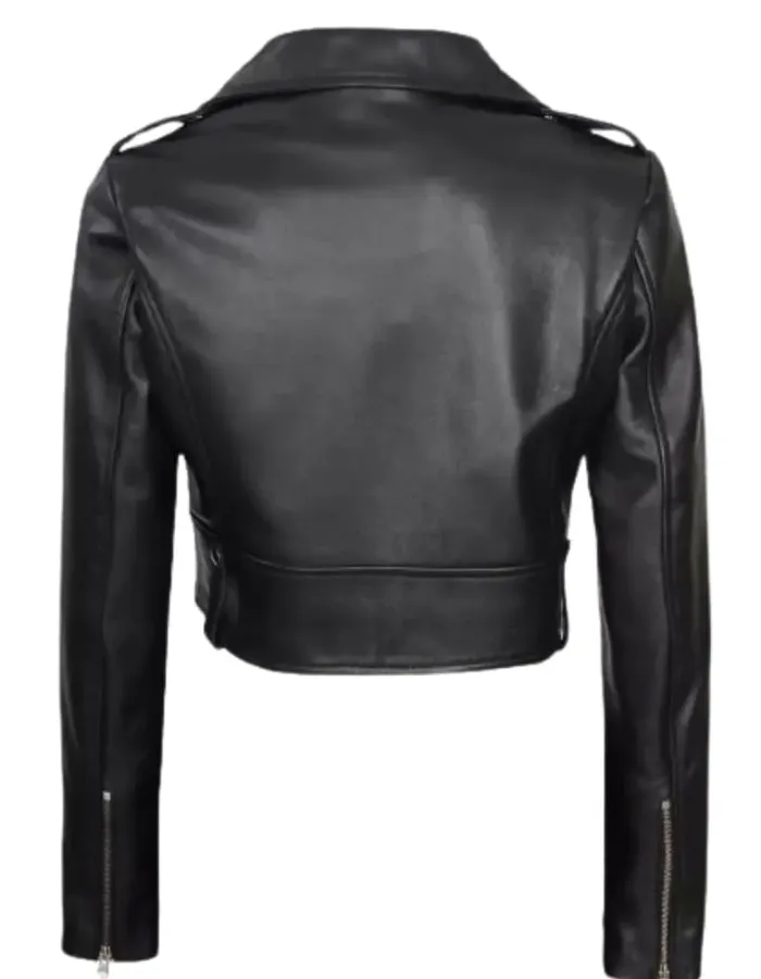 Womens Black Asymmetrical Cropped Leather Jacket
