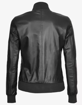 Women's Button Closure Black Bomber Leather Jacket