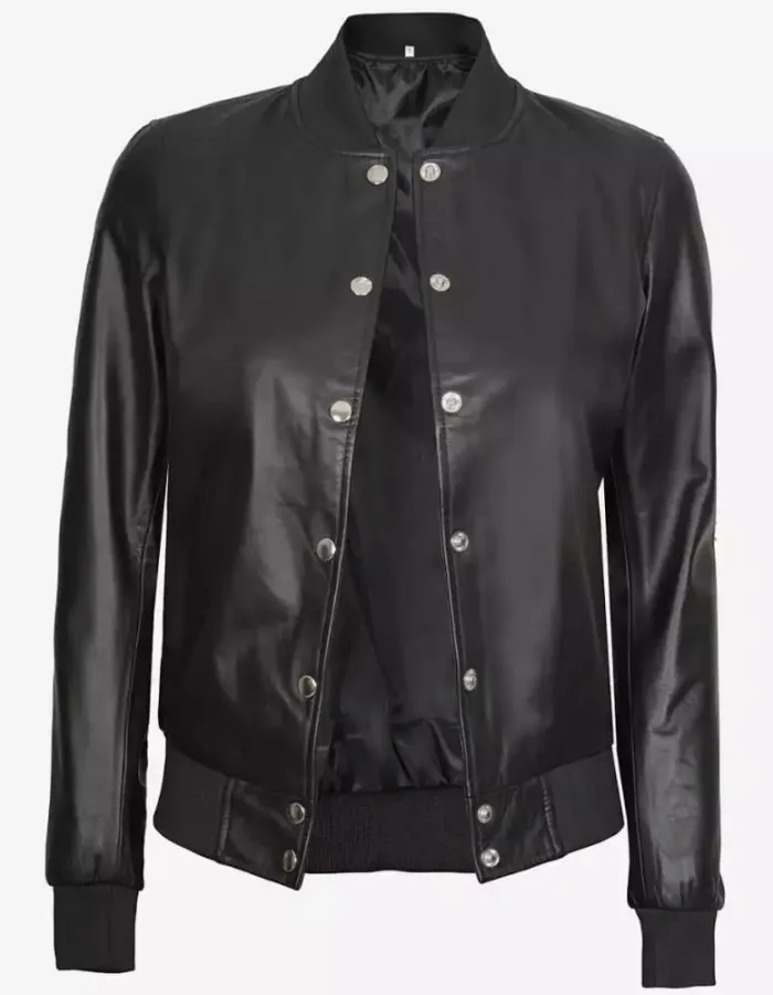Women's Button Closure Black Bomber Leather Jacket Women's Button Closure Black Bomber Leather Jacket