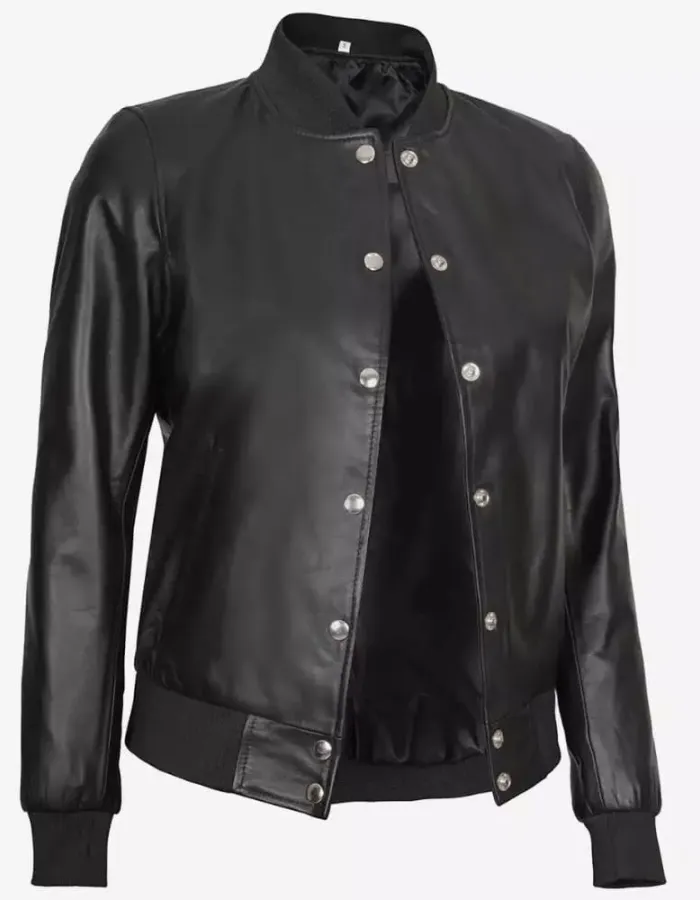 Women's Button Closure Black Bomber Leather Jacket Women's Button Closure Black Bomber Leather Jacket