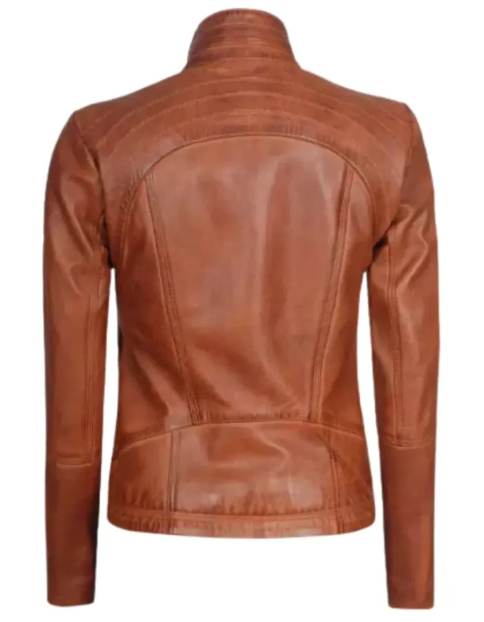 Women's Cognac Brown Cafe Racer Leather Jacket Women's Cognac Brown Cafe Racer Leather Jacket