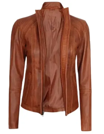 Women's Cognac Brown Cafe Racer Leather Jacket