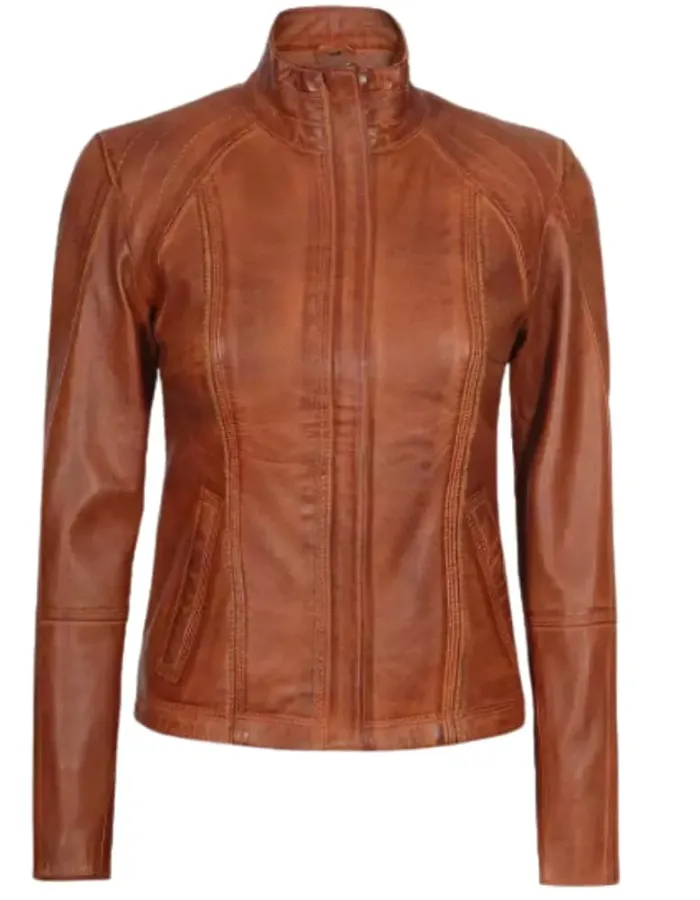 Women's Cognac Brown Cafe Racer Leather Jacket Women's Cognac Brown Cafe Racer Leather Jacket
