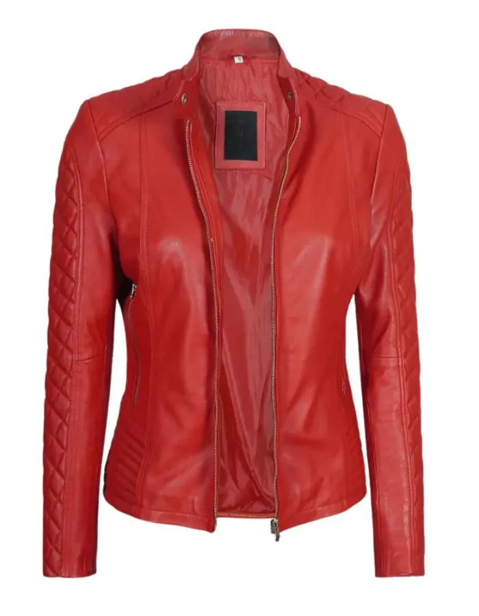 Andria Womens Red Quilted Biker Leather Jacket
