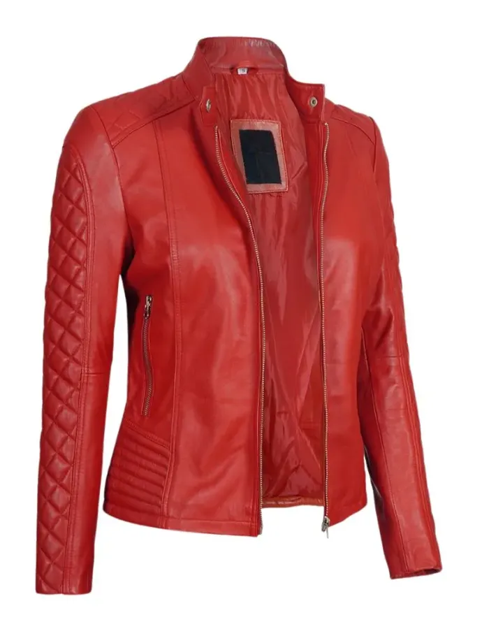 Andria Womens Red Quilted Biker Leather Jacket