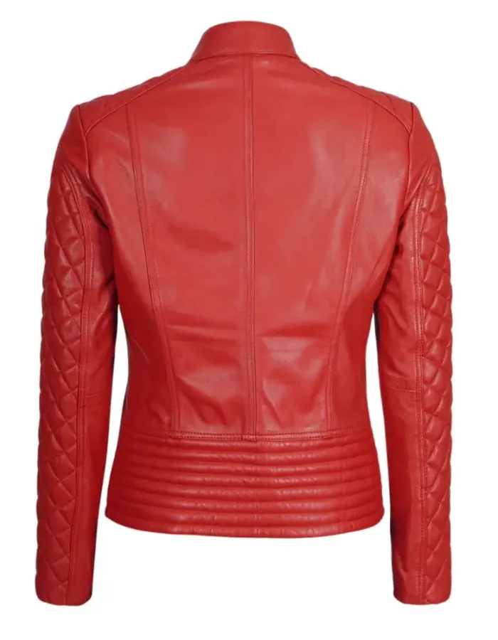 Andria Womens Red Quilted Biker Leather Jacket