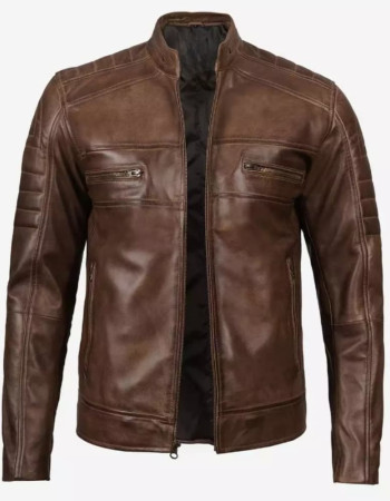 Mens Coffee Brown Padded Cafe Racer Leather Jacket