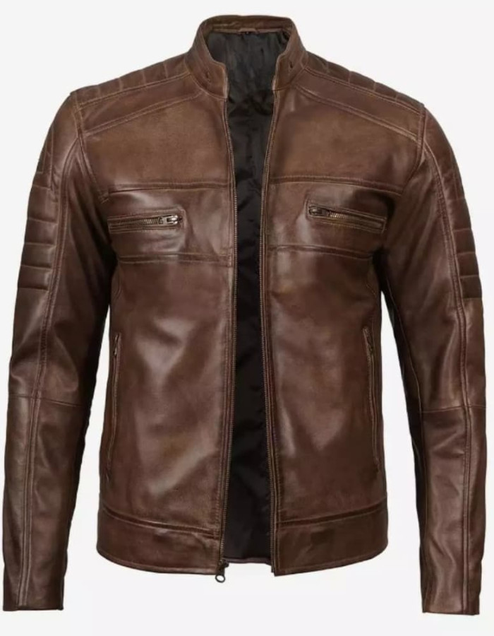 Mens Coffee Brown Padded Cafe Racer Leather Jacket Mens Coffee Brown Padded Cafe Racer Leather Jacket