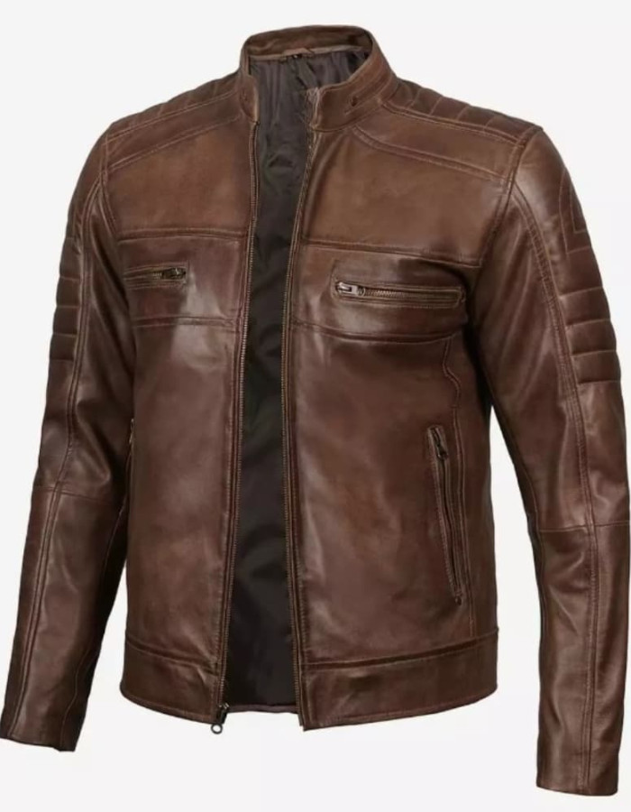 Mens Coffee Brown Padded Cafe Racer Leather Jacket Mens Coffee Brown Padded Cafe Racer Leather Jacket