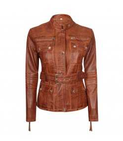 Carolyn Women's Belted Cognac Waxed Leather Jacket