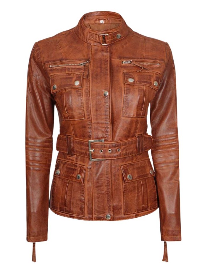 Carolyn Women's Belted Cognac Waxed Leather Jacket