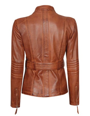 Carolyn Women's Belted Cognac Waxed Leather Jacket Carolyn Women's Belted Cognac Waxed Leather Jacket