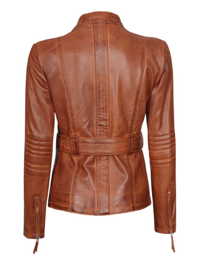 Carolyn Women's Belted Cognac Waxed Leather Jacket