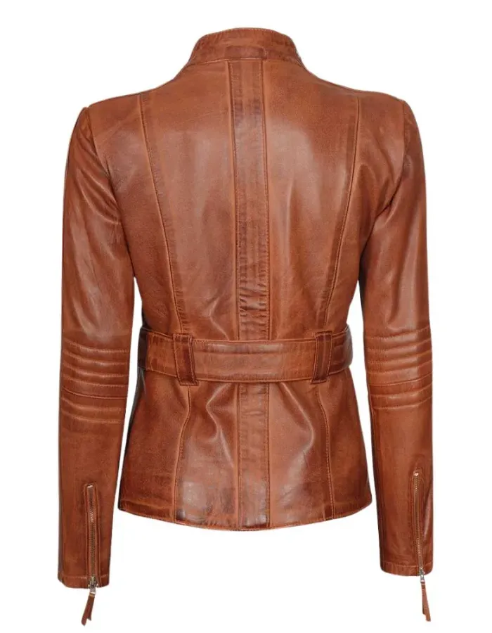 Carolyn Women's Belted Cognac Waxed Leather Jacket