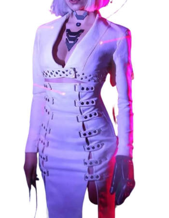 CYBERPUNK 2077 NIGHT CITY NEON GIRL WHITE LEATHER COAT CYBERPUNK 2077 NIGHT CITY NEON GIRL WHITE LEATHER COAT
