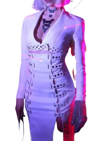 CYBERPUNK 2077 NIGHT CITY NEON GIRL WHITE LEATHER COAT