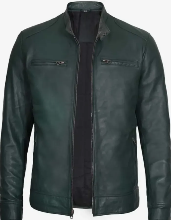 Dodge Mens Dark Green Cafe Racer Leather Jacket