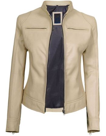 Dodge Womens Beige Cafe Racer Leather Jacket
